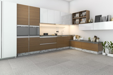 Fototapeta na wymiar 3d rendering wood loft kitchen with bar and living zone