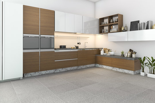 3d rendering wood loft kitchen with bar and living zone