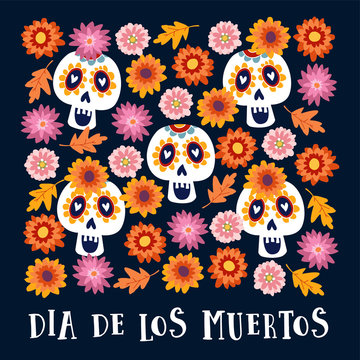 Dia de los Muertos or Halloween greeting card, invitation. Mexican Day of the Dead. Decorative Calavera catrina skulls and colorful autumn leaves and flowers. Hand drawn vector background, pattern.