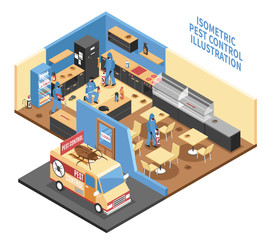 Pest Control In Cafe Isometric Illustration