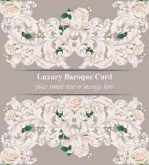 Luxury Baroque card roses flowers and ornament background Vector. Delicate Rich imperial intricate elements. Victorian Royal style pattern