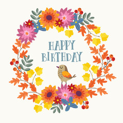Cute hand drawn autumn birthday greeting card, invitation with bird and wreath made of mums flowers and colorful maple and oak leaves. Fall season concept. Isolated vector illustration.