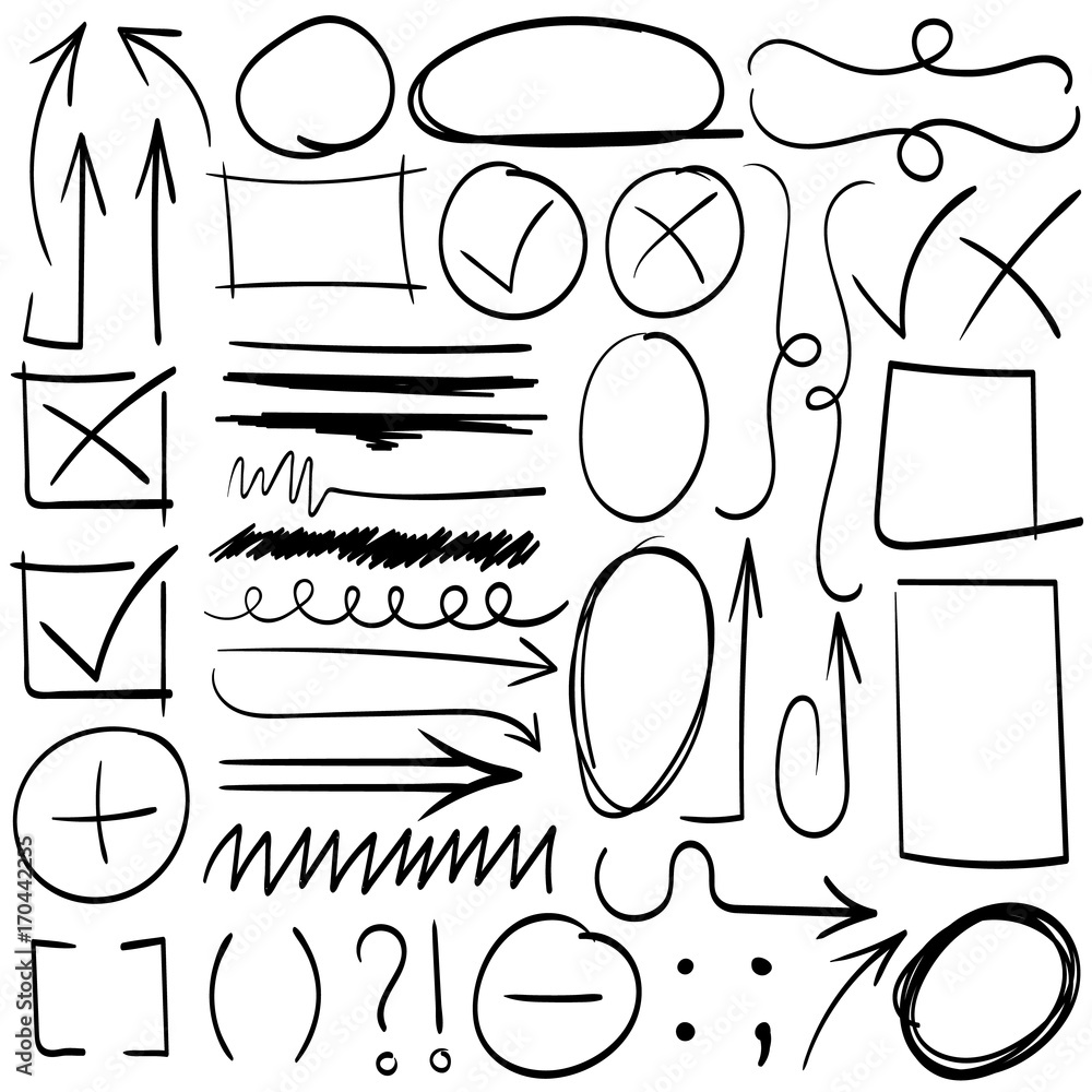 Poster arrows and abstract shapes doodle writing design vector set
