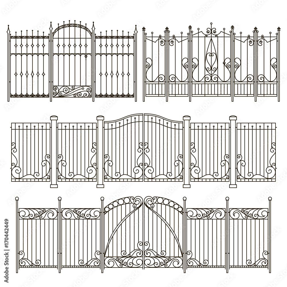 Poster iron gate and fence design with different decorative elements. vector illustrations