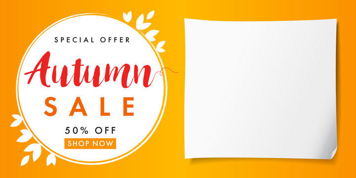Autumn special offer sale paper banner.Autumn sale vector card template with lettering Special Offer 50% off shop now