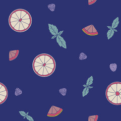 Seamless pattern with orange, lemon slices, mint, berries. Hand drawn fruits print on a white background.