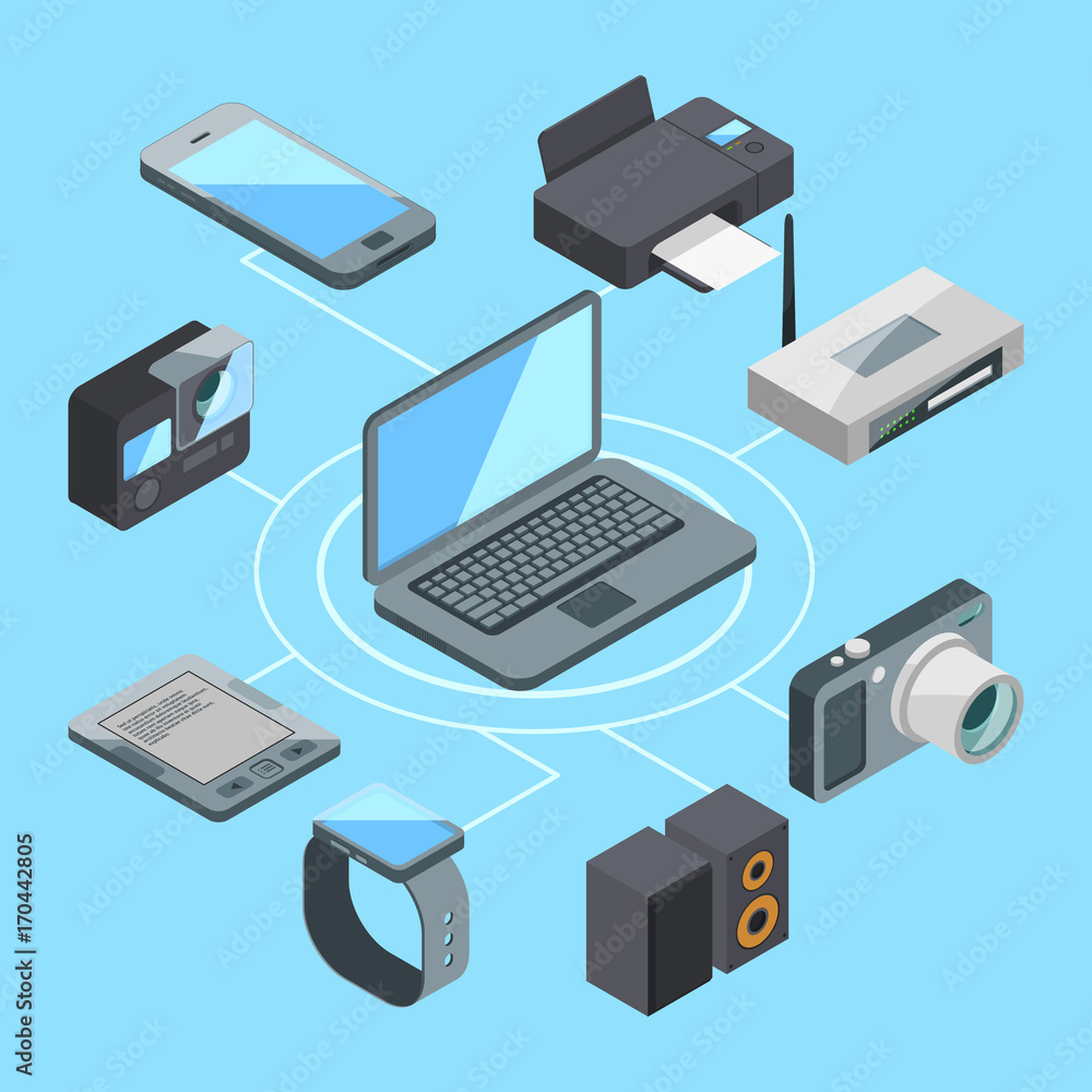 Poster wireless or wifi connection near laptop and other computer gadgets. modem and router