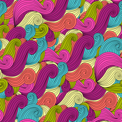 Seamless abstract colorful hand-drawn pattern, waves background. Curly stripes.