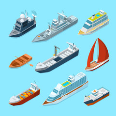 Isometric passenger sea ships and different boats in port. Marine illustrations