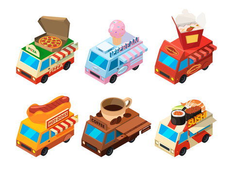 Vector isometric pictures set of different food trucks on the street