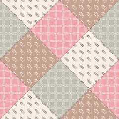 Textile patchwork pattern with floral motifs, polka dot and peonies. Hand drawn decorative background ideal for fabric or paper