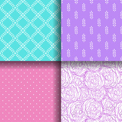 Set of seamless patterns. Polka dot, peony, floral motifs. Hand drawn decorative backgrounds. Ideal patterns for fabric, paper, web pages or oth.