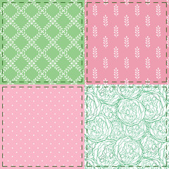 Seamless textile patchwork pattern with floral motifs, polka dot and peonies. Hand drawn decorative background ideal for fabric or paper