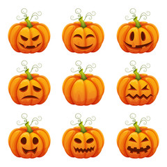 Pumpkin with funny faces. Halloween cartoon Different