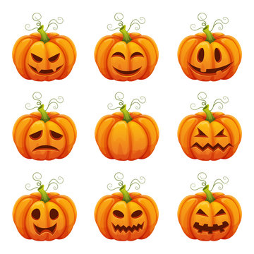 Pumpkin with funny faces. Halloween cartoon Different