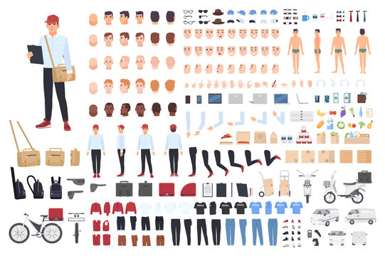 Delivery man creation set or building kit. Bundle of cartoon character s body parts in different postures, details, tools isolated on white background. Vector illustration front, side, back view.