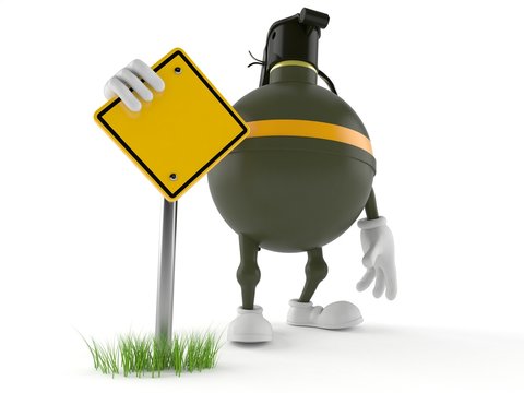 Hand grenade character with blank road sign