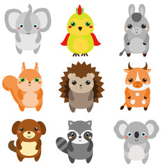 Cute animals. Children style, isolated design elements, vector. Cartoon kawaii wildlife and farm animals