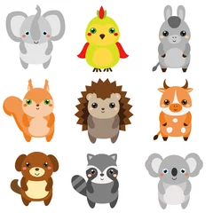 Fotobehang Cute animals. Children style, isolated design elements, vector. Cartoon kawaii wildlife and farm animals © ksuklein