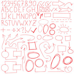 Set of hand drawn graphic signs, arrows, letters, numbers, forms