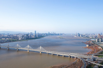 Aerial view of city buildings and river, China Nanchang