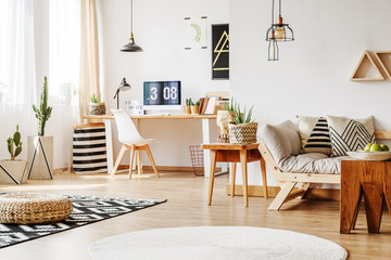 Home workspace with wooden furniture