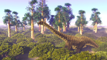 Prehistoric landscape with big diplodoc 3d rendering © satori