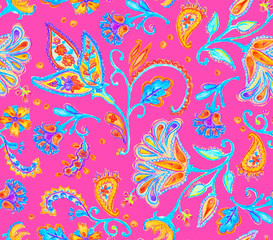 Hand drawn floral seamless pattern (tiling). Colorful watercolor seamless pattern with whimsical flowers, paisley, leaves on bright pink background. Oriental illustration for textile design.