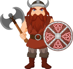 Cartoon Viking with axe and wooden shield