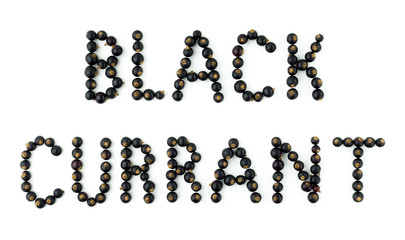 Black currant berries on white background. Fruit font, letters