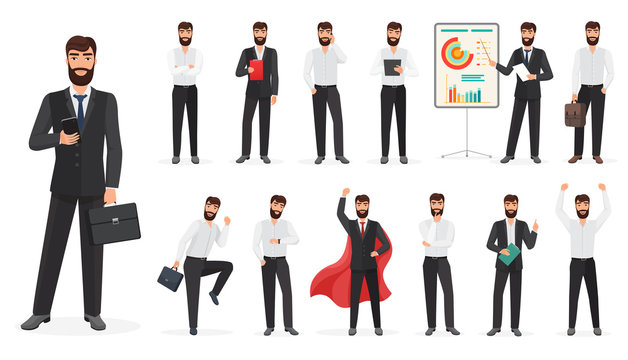 Set of happy businessman character with different poses and actions. Constructor cartoon vector illustration.