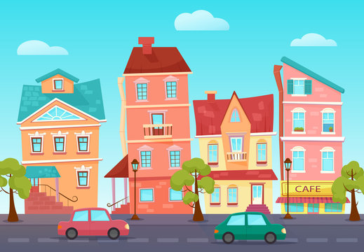 Vector cartoon cute street of a colorful city with shops.
