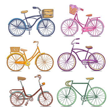 Bicycle hand drawn vector set. Vintage bicycles, sport bikes