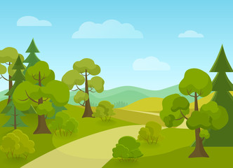Fototapeta premium Natural landscape with village road and trees. Cartoon vector illustration.