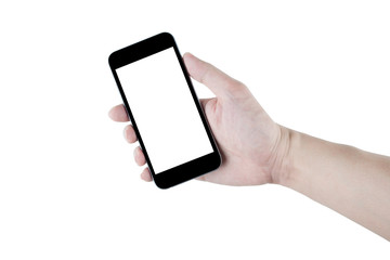 Hand is holding black smartphone, isolated on white background. Clipping path embedded.