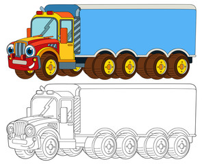 cartoon happy cargo truck with trailer looking and smiling - coloring page - illustration for children