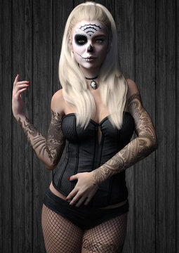Portrait of a woman with skull make up and tattoos wearing a black corset and net stalkings  . 3d rendering 