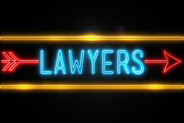Lawyers  - fluorescent Neon Sign on brickwall Front view