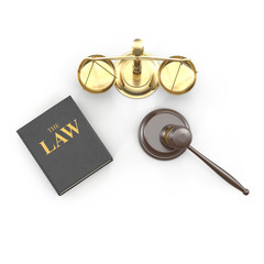 Legal Gavel Scales And Law Book on white. 3D illustration