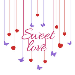Sweet love sign hand lettering with hanging hearts and butterflies