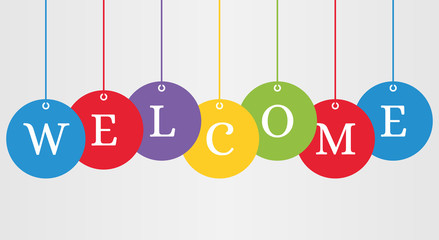 Welcome, hanging ball style, vector banner