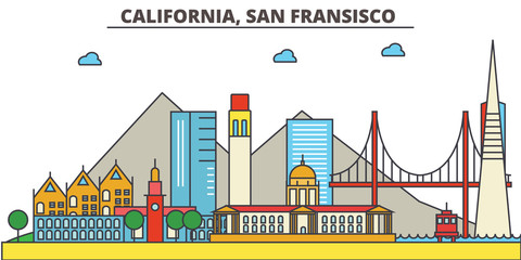 California, San Francisco.City skyline: architecture, buildings, streets, silhouette, landscape, panorama, landmarks. Editable strokes. Flat design line vector illustration concept. Isolated icons