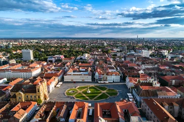 Foto op Plexiglas Luchtfoto Union Square Timisoara under beautiful blue cloudy sky - HDR aerial view taken by a professional drone