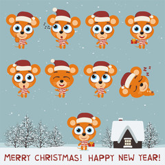 Merry Christmas and Happy New Year! Set funny mouse in various poses for christmas decoration and design. Collection isolated mouse in cartoon style.
