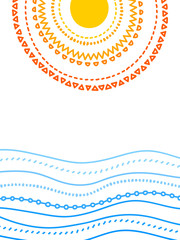 Sun and the sea doodle poster template, vector