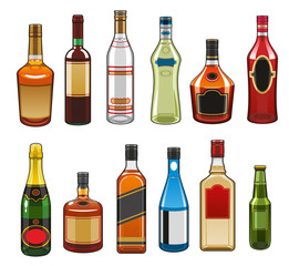 Vector icons of alcohol drinks bottles - obrazy, fototapety, plakaty