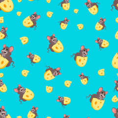  A sweet, cheerful little mouse gnaws a piece of cheese with large holes. Seamless children's pattern, textiles, fabric, children's drawing, for children. Vector illustration, a blue background.