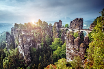 View of the Elbe Sandstone Mountains. Location place Saxony Switzerland national park, East Germany, Europe.