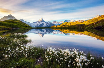 Fototapeta premium Great view of Mt. Schreckhorn and Wetterhorn above Bachalpsee lake. Location place Swiss alps, Grindelwald valley, Europe.