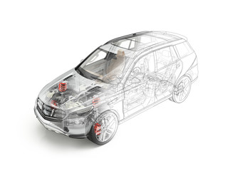 Fototapeta premium Suv car detailed cutaway realistic morphing to drawing.